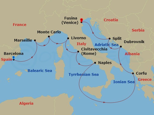 12 Night - Mediterranean Odyssey - Viking Mira - Starting in Barcelona, Marseille, Monte Carlo, Florence / Pisa (Livorno), Rome (Civitavecchia), Naples, Sail the Ionian Sea, Corfu (Kerkyra), Dubrovnik, Croatia, Split, Venice (Fusina) itinerary map