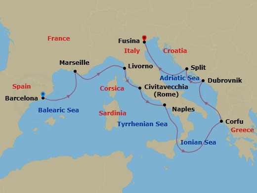 12 Night - Mediterranean Odyssey - Viking Mira - Starting in Barcelona, Marseille, Sail the Mediterranean Sea, Florence / Pisa (Livorno), Rome (Civitavecchia), Naples, Sail the Ionian Sea, Corfu (Kerkyra), Dubrovnik, Croatia, Split, Venice (Fusina) itinerary map