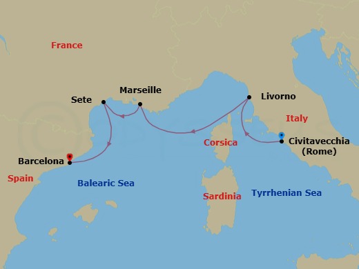7 Night - Iconic Western Mediterranean - Viking Mira - Starting in Rome (Civitavecchia), Florence / Pisa (Livorno), Sail the Mediterranean Sea, Marseille, Sete, Barcelona itinerary map