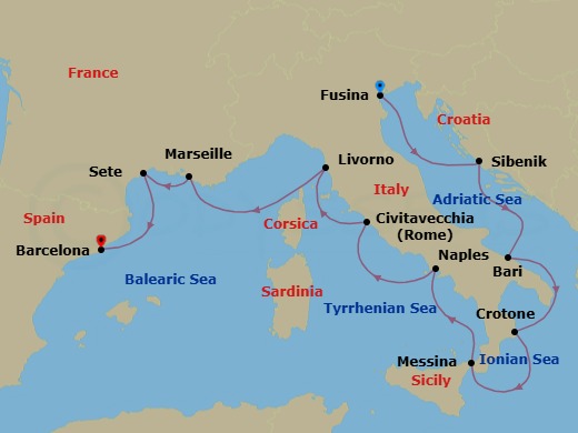 14 Night - Mediterranean & Italian Sojourn - Viking Mira - Starting in Venice (Fusina), Sibenik, Bari, Crotone, Sicily (Messina), Naples, Rome (Civitavecchia), Florence / Pisa (Livorno), Sail the Mediterranean Sea, Marseille, Sete, Barcelona itinerary map