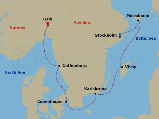 7 Night - Scandinavian Discovery - Viking Vesta - Starting in Stockholm, Mariehamn, Gotland (Visby), Karlskrona, Copenhagen, Gothenburg, Oslo itinerary map