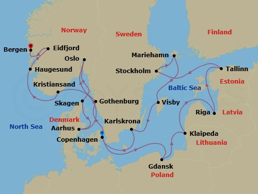 21 Night - Icons of the Viking Age - Viking Vesta - Starting in Copenhagen, Gdansk, Klaipeda, Riga, Tallinn, Stockholm, Mariehamn, Gotland (Visby), Karlskrona, Copenhagen, Gothenburg, Oslo, Thessaloniki, Aarhus, Kristiansand, Haugesund, Eidfjord, Bergen itinerary map