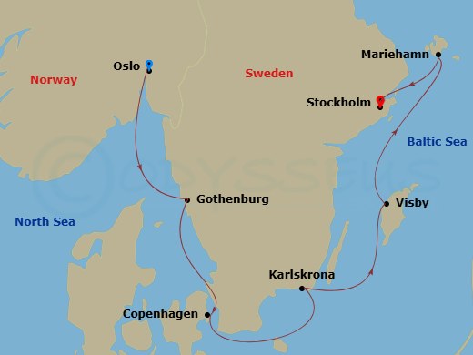 7 Night - Scandinavian Discovery - Viking Vesta - Starting in Oslo, Gothenburg, Copenhagen, Karlskrona, Gotland (Visby), Mariehamn, Stockholm itinerary map