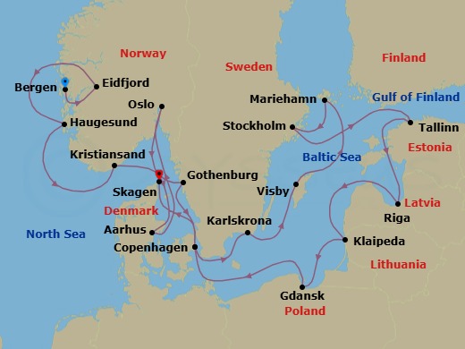 21 Night - Icons of the Viking Age - Viking Vesta - Starting in Bergen, Eidfjord, Haugesund, Kristiansand, Aarhus, Thessaloniki, Oslo, Gothenburg, Copenhagen, Karlskrona, Gotland (Visby), Mariehamn, Stockholm, Tallinn, Riga, Klaipeda, Gdansk, Copenhagen itinerary map