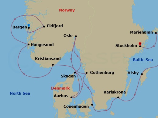 14 Night - Scenic Scandinavia & Baltic Jewels - Viking Vesta - Starting in Bergen, Eidfjord, Haugesund, Kristiansand, Aarhus, Thessaloniki, Oslo, Gothenburg, Copenhagen, Karlskrona, Gotland (Visby), Mariehamn, Stockholm itinerary map
