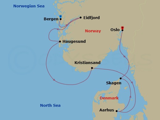 7 Night - Nordic Wonders - Viking Vesta - Starting in Bergen, Eidfjord, Haugesund, Kristiansand, Aarhus, Thessaloniki, Oslo itinerary map