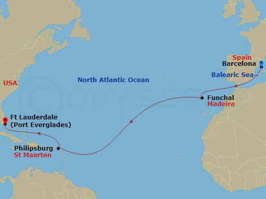 13 Night - Atlantic Ocean Passage - Viking Vesta - Starting in Barcelona, Sail the Mediterranean Sea, Sail the Atlantic Ocean, Madeira (Funchal), Sail the Atlantic Ocean, Philipsburg, Sail the Caribbean Sea, Fort Lauderdale, Florida itinerary map