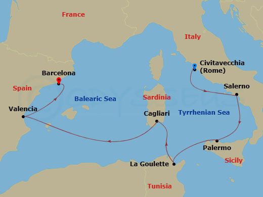 7 Night - Amalfi Coast, Africa & Iberia - Viking Vesta - Starting in Rome (Civitavecchia), Salerno, Palermo, Sicily, Tunis (La Goulette), Sardinia (Cagliari), Sail the Mediterranean Sea, Valencia, Barcelona itinerary map