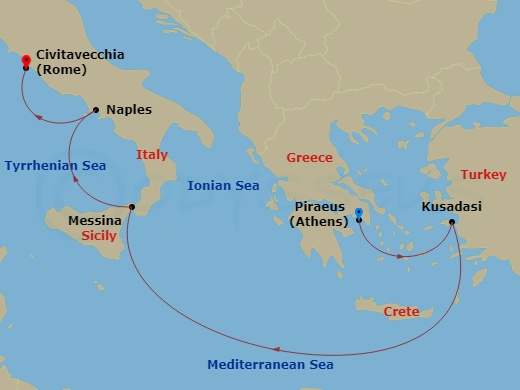 7 Night - Journey to Antiquities - Viking Vesta - Starting in Athens (Piraeus), Ephesus (Kusadasi), Crete (Souda Bay), Sail the Ionian Sea, Sicily (Messina), Naples, Rome (Civitavecchia) itinerary map