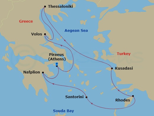 10 Night - Greek Odyssey - Viking Vesta - Starting in Athens (Piraeus), Volos, Thessaloniki, Scenic Sailing Mount Athos, Ephesus (Kusadasi), Rhodes, Santorini (Thira), Crete (Souda Bay), Nafplio, Athens (Piraeus) itinerary map