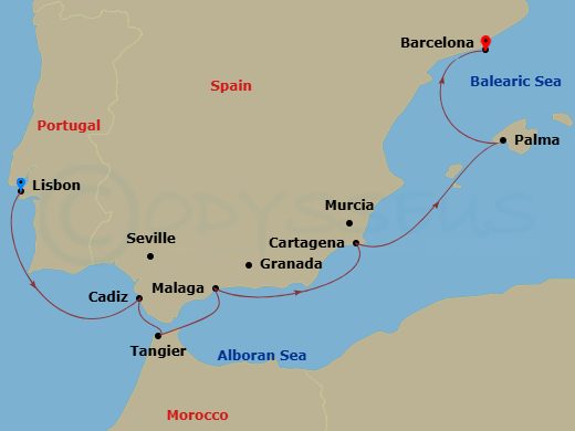 7 Night - Spain & Portugal Discovery - Viking Vesta - Starting in Lisbon, Seville (Cadiz), Tangier, Granada (Malaga), Murcia (Cartagena ES, Spain), Palma De Mallorca, Barcelona itinerary map