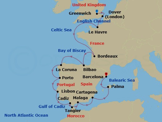 18 Night - Iconic Western Europe - Viking Vesta - Starting in London (Greenwich), Dover UK, Paris (Le Havre), Sail the Atlantic Ocean, Bordeaux, Bilbao, A Coruna, Porto, Lisbon, Seville (Cadiz), Tangier, Granada (Malaga), Murcia (Cartagena ES, Spain), Palma De Mallorca, Barcelona itinerary map