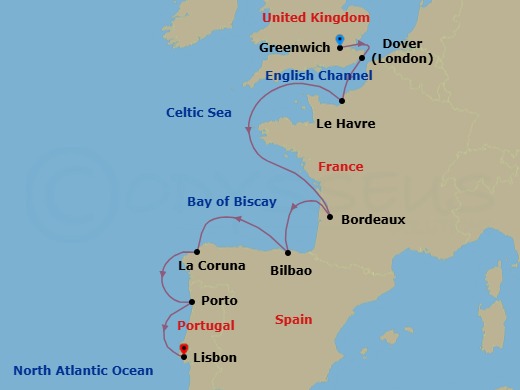 11 Night - Iberia, France & England Explorer - Viking Vesta - Starting in London (Greenwich), Dover UK, Paris (Le Havre), Sail the Atlantic Ocean, Bordeaux, Bilbao, A Coruna, Porto, Lisbon itinerary map
