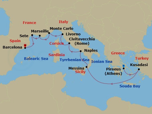 14 Night - Mediterranean Antiquities - Viking Vela - Starting in Athens (Piraeus), Ephesus (Kusadasi), Sail the Ionian Sea, Sicily (Messina), Naples, Rome (Civitavecchia), Florence / Pisa (Livorno), Monte Carlo, Marseille, Sete, Barcelona itinerary map