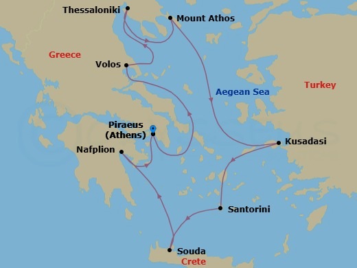 10 Night - Greek Odyssey - Viking Vela - Starting in Athens (Piraeus), Volos, Thessaloniki, Scenic Sailing Mount Athos, Ephesus (Kusadasi), Sail the Aegean Sea, Santorini (Thira), Crete (Souda Bay), Nafplio, Athens (Piraeus) itinerary map