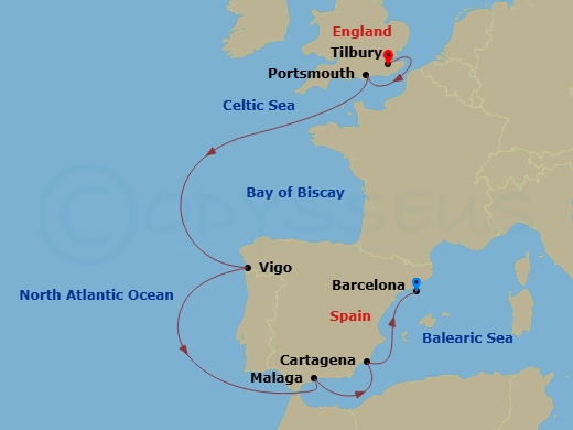 7 Night - Iberian Explorer - Viking Saturn - Starting in Barcelona, Murcia (Cartagena ES, Spain), Granada (Malaga), Scenic Sailing Strait of Gibraltar, Vigo, Sail the Atlantic Ocean, Portsmouth UK, London (Tilbury) itinerary map