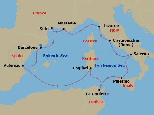 14 Night - Gems of the Mediterranean - Viking Saturn - Starting in Barcelona, Sete, Marseille, Sail the Mediterranean Sea, Florence / Pisa (Livorno), Rome (Civitavecchia), Salerno, Palermo, Sicily, Tunis (La Goulette), Sardinia (Cagliari), Sail the Mediterranean Sea, Valencia, Barcelona itinerary map