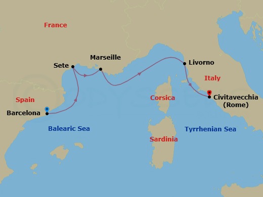 7 Night - Iconic Western Mediterranean - Viking Saturn - Starting in Barcelona, Sete, Marseille, Sail the Mediterranean Sea, Florence / Pisa (Livorno), Rome (Civitavecchia) itinerary map