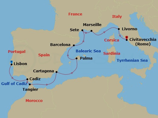 14 Night - Spain, Portugal & the Mediterranean - Viking Saturn - Starting in Lisbon, Seville (Cadiz), Tangier, Sail the Mediterranean Sea, Murcia (Cartagena ES, Spain), Palma De Mallorca, Barcelona, Sete, Marseille, Sail the Mediterranean Sea, Florence / Pisa (Livorno), Rome (Civitavecchia) itinerary map