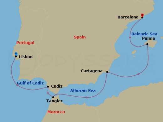 7 Night - Spain & Portugal Discovery - Viking Saturn - Starting in Lisbon, Seville (Cadiz), Tangier, Sail the Mediterranean Sea, Murcia (Cartagena ES, Spain), Palma De Mallorca, Barcelona itinerary map