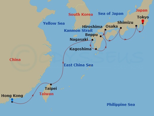 14 Night - Far Eastern Horizons - Viking Neptune - Starting in Hong Kong, Sail the East China Sea, Taipei (Keelung), Sail the East China Sea, Nagasaki, Kagoshima, Beppu, Hiroshima, Osaka, Shimizu, Tokyo itinerary map