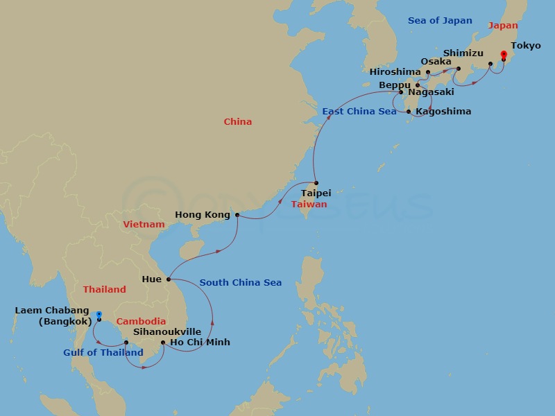 28 Night - Southeast Asia Horizons - Viking Neptune - Starting in Bangkok (Laem Chabang), Sihanoukville, Scenic Sailing Gulf of Thailand, Ho Chi Minh City, Sail the South China Sea, Hue (Chan May), Ha Long Bay, Sail the South China Sea, Hong Kong, Sail the East China Sea, Taipei (Keelung), Sail the East China Sea, Nagasaki, Kagoshima, Beppu, Hiroshima, Osaka, Shimizu, Tokyo itinerary map