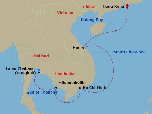 14 Night - Southeast Asia & Hong Kong - Viking Neptune - Starting in Bangkok (Laem Chabang), Sihanoukville, Scenic Sailing Gulf of Thailand, Ho Chi Minh City, Sail the South China Sea, Hue (Chan May), Ha Long Bay, Sail the South China Sea, Hong Kong itinerary map