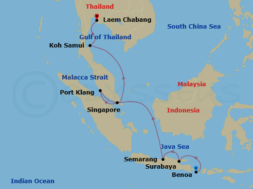 12 Night - Bangkok, Bali & Beyond - Viking Neptune - Starting in Bali (Benoa), Surabaya, Java, Semarang, Java, Sail the Java Sea, Singapore, Kuala Lumpur (Port Klang), Scenic Sailing Strait of Malacca, Sail the Java Sea, Koh Samui (Nathon), Bangkok (Laem Chabang) itinerary map