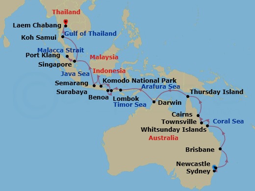 28 Night - South Pacific Sojourn - Viking Neptune - Starting in Sydney AU, Newcastle AU, Sail the Australian Coast, Brisbane, Sail the Australian Coast, Whitsunday Island (Airlie Beach), Townsville, Cairns, Sail the Coral Sea, Thursday Island, Sail the Arafura Sea, Darwin, Sail the Timor Sea, Komodo National Park (Rinca), Lombok, Bali (Benoa), Surabaya, Java, Semarang, Java, Sail the Java Sea, Singapore, Kuala Lumpur (Port Klang), Scenic Sailing Strait of Malacca, Sail the Java Sea, Koh Samui (Nathon), Bangkok (Laem Chabang) itinerary map