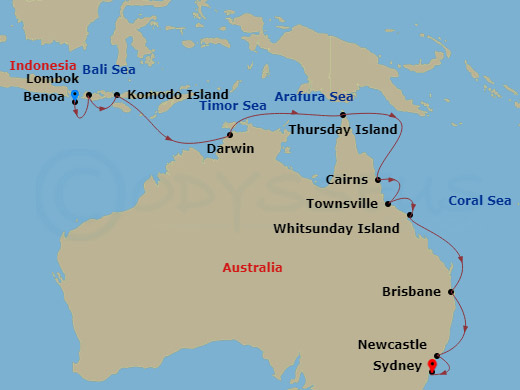 16 Night - Komodo & the Australian Coast - Viking Neptune - Starting in Bali (Benoa), Lombok, Komodo National Park (Rinca), Sail the Timor Sea, Darwin, Sail the Arafura Sea, Thursday Island, Sail the Coral Sea, Cairns, Townsville, Whitsunday Island (Airlie Beach), Sail the Coral Sea, Brisbane, Sail the Australian Coast, Newcastle AU, Sydney AU itinerary map