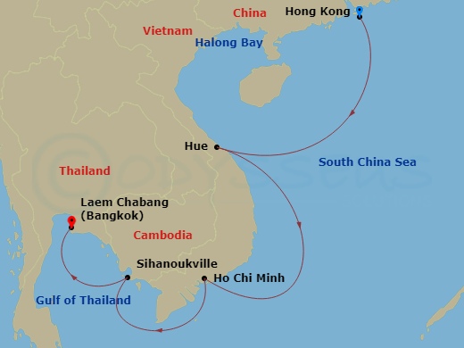14 Night - Southeast Asia & Hong Kong - Viking Neptune - Starting in Hong Kong, Sail the South China Sea, Ha Long Bay, Hue (Chan May), Sail the South China Sea, Ho Chi Minh City, Scenic Sailing Gulf of Thailand, Sihanoukville, Bangkok (Laem Chabang) itinerary map