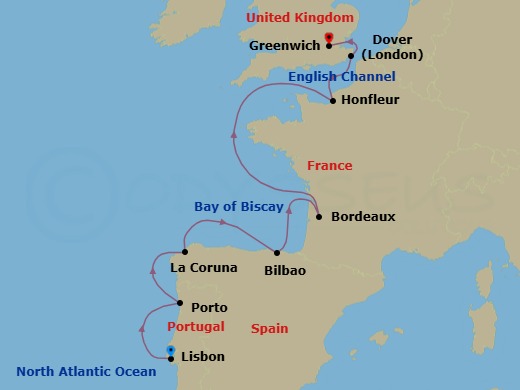 11 Night - Iberia, France & England Explorer - Viking Mars - Starting in Lisbon, Porto, A Coruna, Bilbao, Bordeaux, Sail the Atlantic Ocean, Paris (Honfleur), Dover UK, London (Greenwich) itinerary map