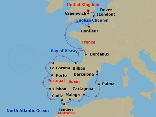 18 Night - Iconic Western Europe - Viking Mars - Starting in Barcelona, Palma De Mallorca, Murcia (Cartagena ES, Spain), Granada (Malaga), Tangier, Seville (Cadiz), Lisbon, Porto, A Coruna, Bilbao, Bordeaux, Sail the Atlantic Ocean, Paris (Honfleur), Dover UK, London (Greenwich) itinerary map