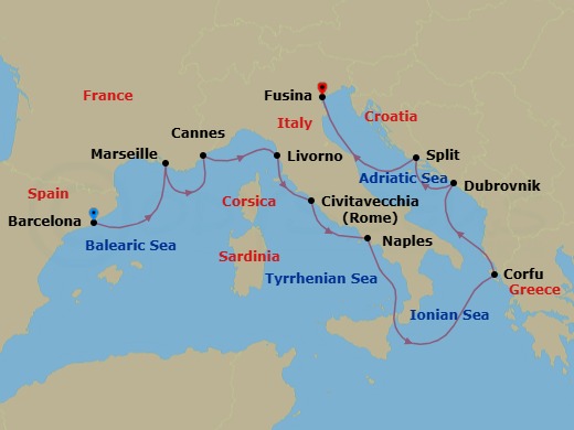 12 Night - Mediterranean Odyssey - Viking Mars - Starting in Barcelona, Marseille, Cannes, Florence / Pisa (Livorno), Rome (Civitavecchia), Naples, Sail the Ionian Sea, Corfu (Kerkyra), Dubrovnik, Croatia, Split, Venice (Fusina) itinerary map
