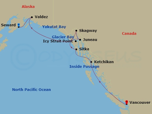 10 Night - Alaska & the Inside Passage - Viking Venus - Starting in Seward, Alaska, Valdez, Alaska, Scenic Sailing Hubbard Glacier, Icy Strait Point, Alaska, Skagway, Alaska, Juneau, Alaska, Sitka, Alaska, Ketchikan, Alaska, Scenic Sailing the Inside Passage, Vancouver, British Columbia itinerary map