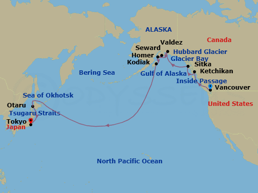 21 Night - North Pacific Passage - Viking Venus - Starting in Vancouver, British Columbia, Scenic Sailing : the Inside Passage, Ketchikan, Alaska, Sitka, Alaska, Scenic Sailing : Glacier Bay, Scenic Sailing : Hubbard Glacier, Valdez, Alaska, Seward, Alaska, Homer, Kodiak, Alaska, Scenic Sailing : Gulf of Alaska, Sail the Bering Sea, Sail the North Pacific Ocean, Sail the Okhotsk Sea, Sapporo (Otaru), Scenic Sailing : Tsugaro Strait itinerary map