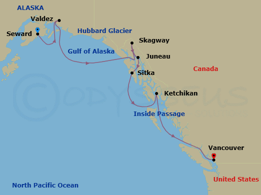 10 Night - Alaska & the Inside Passage - Viking Venus - Starting in Seward, Alaska, Valdez, Alaska, Scenic Sailing Hubbard Glacier, Scenic Sailing Glacier Bay, Skagway, Alaska, Juneau, Alaska, Sitka, Alaska, Ketchikan, Alaska, Scenic Sailing the Inside Passage, Vancouver, British Columbia itinerary map