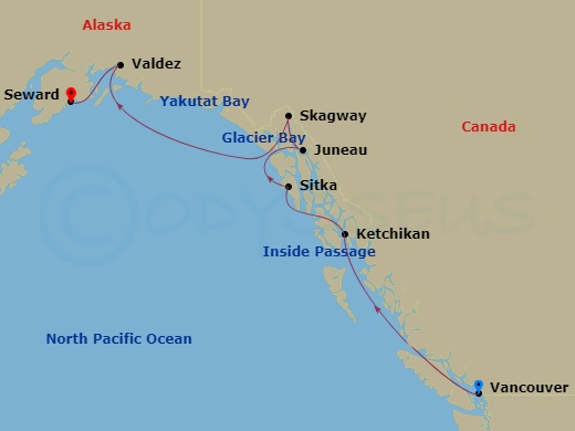 10 Night - Alaska & the Inside Passage - Viking Venus - Starting in Vancouver, British Columbia, Scenic Sailing the Inside Passage, Ketchikan, Alaska, Sitka, Alaska, Juneau, Alaska, Skagway, Alaska, Scenic Sailing Glacier Bay, Scenic Sailing Hubbard Glacier, Valdez, Alaska, Seward, Alaska itinerary map