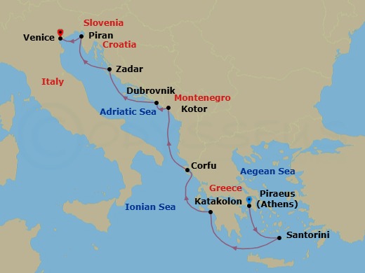 9 Night - Empires of the Mediterranean - Viking Jupiter - Starting in Athens (Piraeus), Santorini (Thira), Katakolon (Olympia), Corfu (Kerkyra), Kotor, Dubrovnik, Croatia, Zadar, Piran, Venice itinerary map