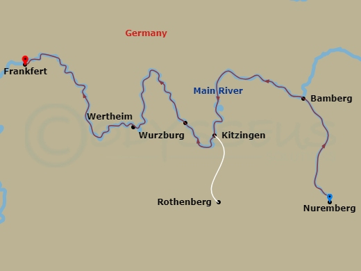 7 Night - Classic Christmas Markets - S.S. Beatrice - Starting in Nuremberg, Bamberg, Kitzingen (Rothenburg), Wurzburg, Wurzburg, Wertheim, Frankfurt itinerary map