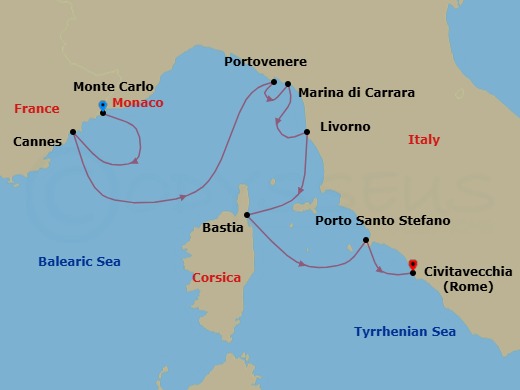 7 Night - French and Italian Riviera - Scenic Eclipse - Starting in Monte Carlo, Monaco, Cannes, France, Porto Venere, Italy, Marina di Carrara, Italy, Livorno, Italy, Bastia, Corsica, Porto Santo Stefano, Italy, Civitavecchia (Rome), Italy itinerary map