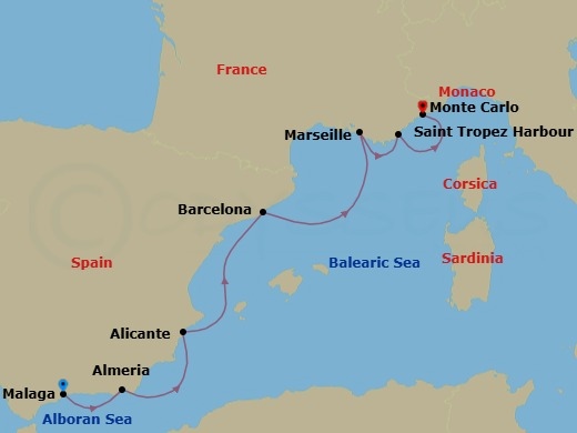 7 Night - Icons of Spain and the French Riviera - Scenic Eclipse - Starting in Malaga, Spain, Almeria, Spain, Alicante, Spain, Barcelona, Spain, Marseille, France, St Tropez, France, Monte Carlo, Monaco itinerary map