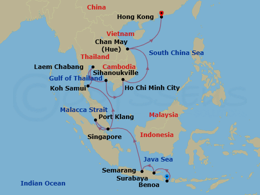 26 Night - Southeast Asia - Viking Orion - Starting in Bali (Benoa), Surabaya, Java, Semarang, Java, Sail the Java Sea, Singapore, Kuala Lumpur (Port Klang), Scenic Sailing Strait of Malacca, Sail the Java Sea, Koh Samui (Nathon), Bangkok (Laem Chabang), Sihanoukville, Scenic Sailing Gulf of Thailand, Ho Chi Minh City, Sail the South China Sea, Hue (Chan May), Ha Long Bay, Sail the South China Sea, Hong Kong itinerary map