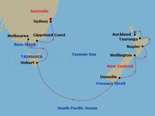 14 Night - Australia & New Zealand - Viking Orion - Starting in Auckland, Rotorua (Tauranga), Napier, Wellington, Sail the South Pacific Ocean, Dunedin, Scenic Sailing Foveaux Strait, Sail the Tasman Sea, Tasmania (Hobart), Scenic Sailing Bass Strait, Melbourne, Sail the Gippsland Coast, Sydney AU itinerary map