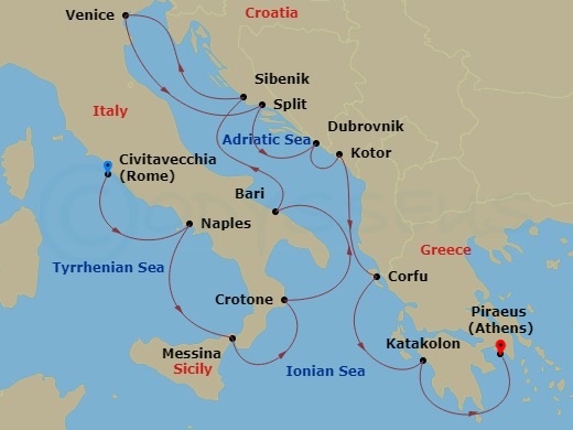 14 Night - Italy, the Adriatic & Greece - Viking Sea - Starting in Rome (Civitavecchia), Naples, Sicily (Messina), Crotone, Bari, Sibenik, Venice (Fusina), Split, Dubrovnik, Croatia, Kotor, Corfu (Kerkyra), Katakolon (Olympia), Athens (Piraeus) itinerary map