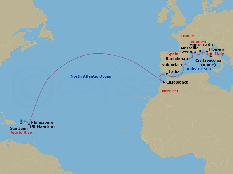 21 Night - Mediterranean to Caribbean Sojourn - Viking Sea - Starting in San Juan, Philipsburg, Sail the Atlantic Ocean, Casablanca, Seville (Cadiz), Sail the Strait of Gibraltar, Valencia, Barcelona, Sete, Marseille, Monte Carlo, Florence / Pisa (Livorno), Rome (Civitavecchia) itinerary map