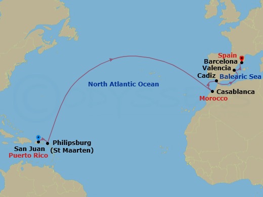 14 Night - West Indies to Iberia - Viking Sea - Starting in San Juan, Philipsburg, Sail the Atlantic Ocean, Casablanca, Seville (Cadiz), Sail the Strait of Gibraltar, Valencia, Barcelona itinerary map