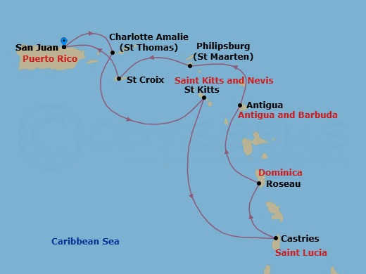 10 Night - West Indies Explorer - Viking Sea - Starting in San Juan, St Thomas (Charlotte Amalie), St Kitts (Basseterre), Castries, Sail the Caribbean Sea, Roseau, St Johns AG, Antigua, Philipsburg, St Croix (Frederiksted), San Juan itinerary map