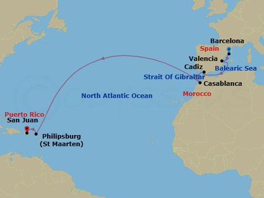 14 Night - West Indies to Iberia - Viking Sea - Starting in Barcelona, Valencia, Sail the Strait of Gibraltar, Seville (Cadiz), Casablanca, Sail the Atlantic Ocean, Philipsburg, San Juan itinerary map