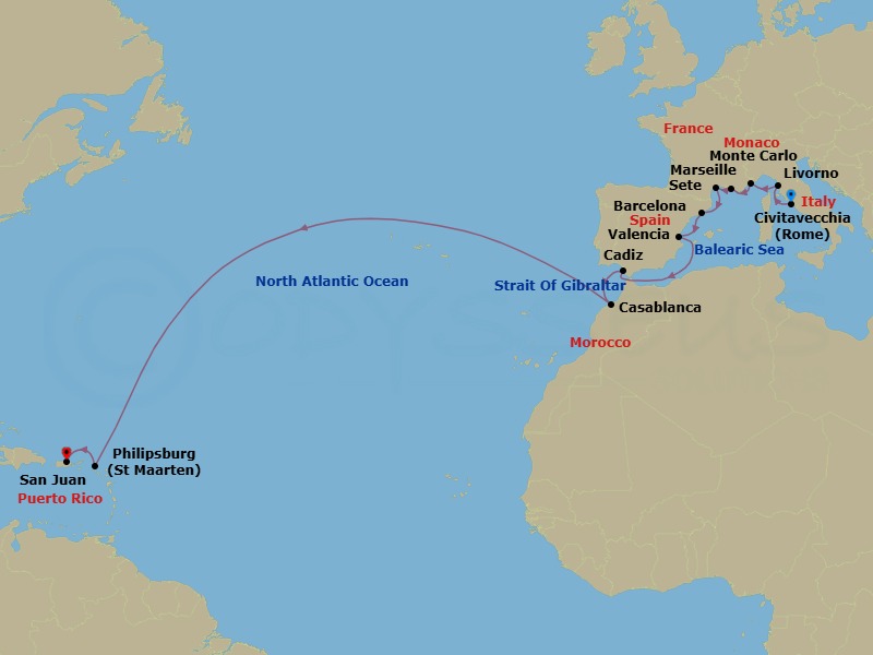 21 Night - Mediterranean to Caribbean Sojourn - Viking Sea - Starting in Rome (Civitavecchia), Florence / Pisa (Livorno), Monte Carlo, Marseille, Sete, Barcelona, Valencia, Sail the Strait of Gibraltar, Seville (Cadiz), Casablanca, Sail the Atlantic Ocean, Philipsburg, San Juan itinerary map